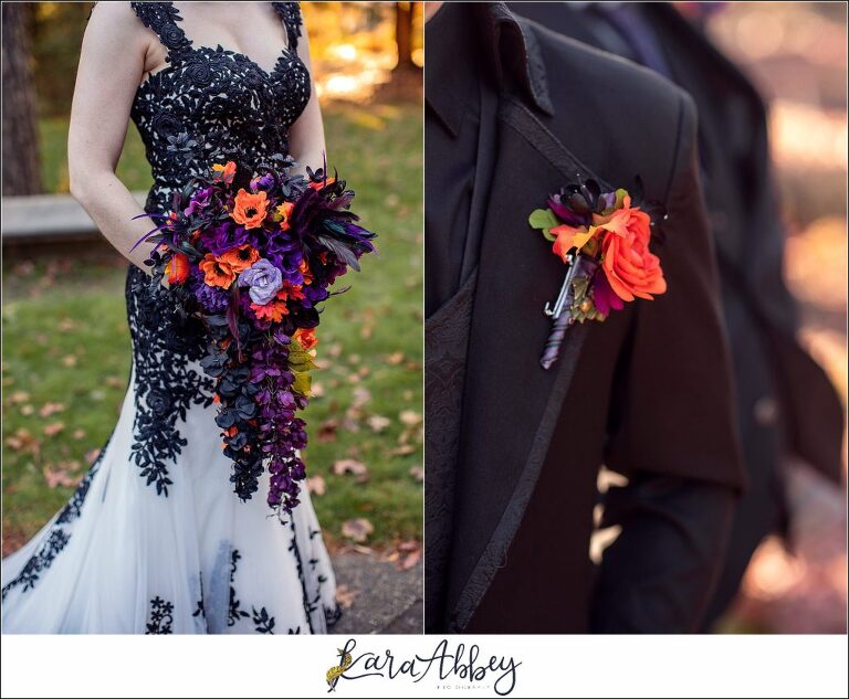 Black and Purple Disney Halloween Themed Fall Wedding at Green Gables in Jennerstown PA - Bride & Groom Portraits