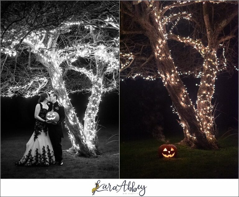 Black and Purple Disney Halloween Themed Fall Wedding at Green Gables in Jennerstown PA - Bride & Groom Night Portrait with Jack-O-Lantern Pumpkin