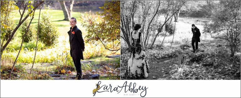 Black and Purple Disney Halloween Themed Fall Wedding at Green Gables in Jennerstown PA - Bride & Groom First Look