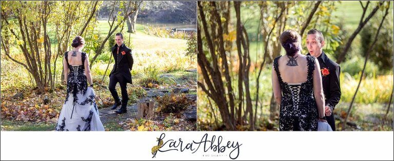 Black and Purple Disney Halloween Themed Fall Wedding at Green Gables in Jennerstown PA - Bride & Groom First Look