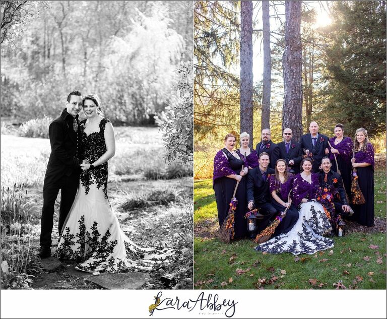 Black and Purple Disney Halloween Themed Fall Wedding at Green Gables in Jennerstown PA - Bridal Party Portrait Carrying Brooms & Lanterns