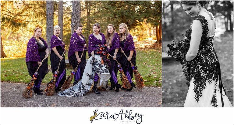 Black and Purple Disney Halloween Themed Fall Wedding at Green Gables in Jennerstown PA - Bridesmaids Portrait Carrying Brooms