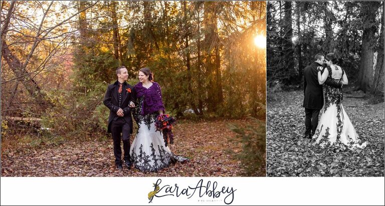 Black and Purple Disney Halloween Themed Fall Wedding at Green Gables in Jennerstown PA - Bride & Groom Portraits During Golden Hour