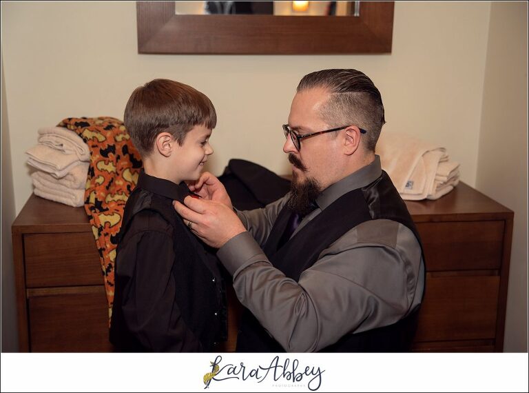 Black and Purple Disney Halloween Themed Fall Wedding at Green Gables in Jennerstown PA - Groom Getting Ready with Groomsmen