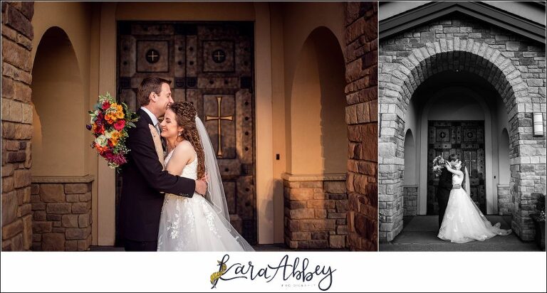 Elegant Purple Fall Wedding Reception at The Holy Trinity Center in Pittsburgh, PA - Bride & Groom Portraits Under the Arches