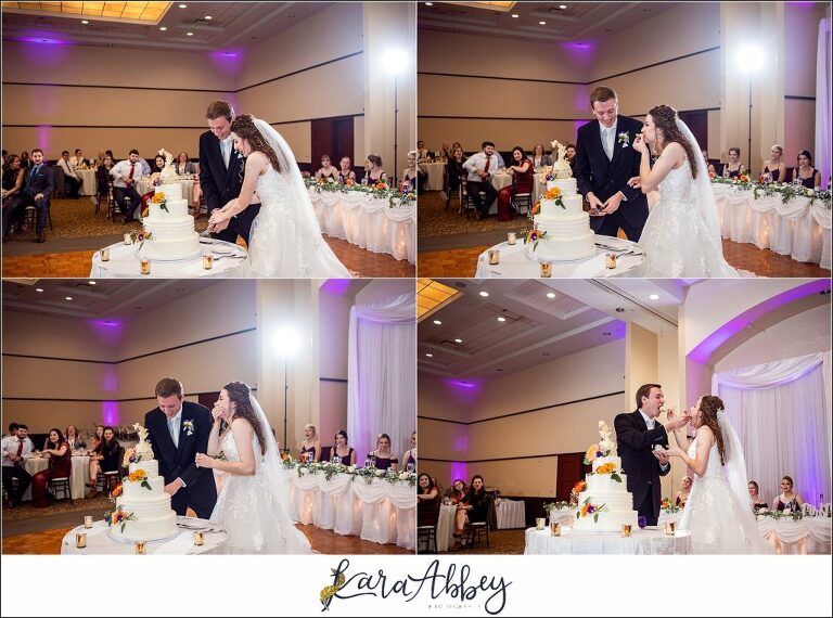 Elegant Purple Fall Wedding Reception at The Holy Trinity Center in Pittsburgh, PA - Cutting the Cake