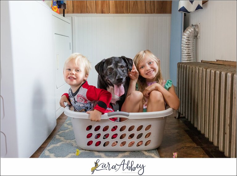 Abbys Saturday 2 Kids and Dog in Laundry Basket