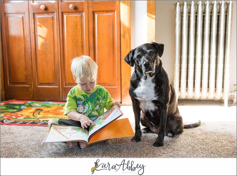 Abbys Saturday Black Lab Reading Books with Toddler Boy in Irwin PA