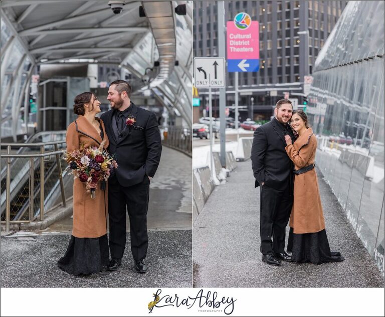 Winter Snowy Elopement Portraits in the Gateway Subway Station in Pittsburgh PA