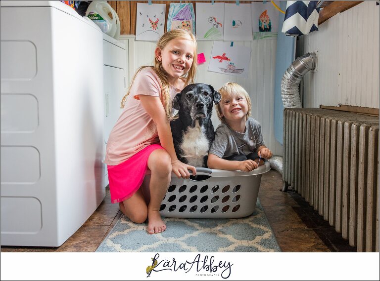 Abbys Saturday Kids and Black Lab in Laundry Basket in Irwin PA