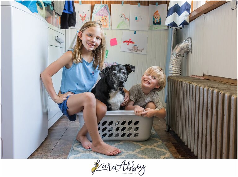 Abbys Saturday Kids and Dog in Laundry Basket in Irwin PA