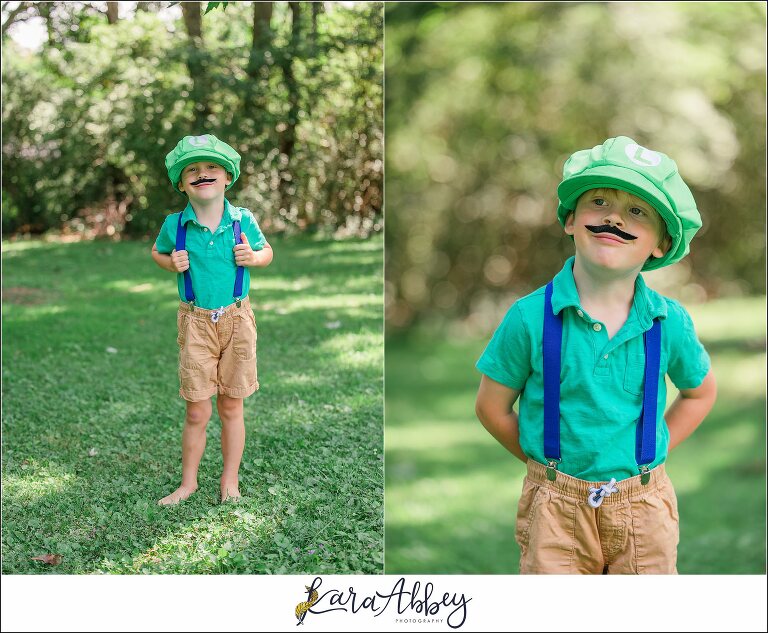 Half Birthday Backyard Fun Summer Portraits in Irwin PA Little Boy Dressed Up Like Luigi Super Mario Brothers Costume