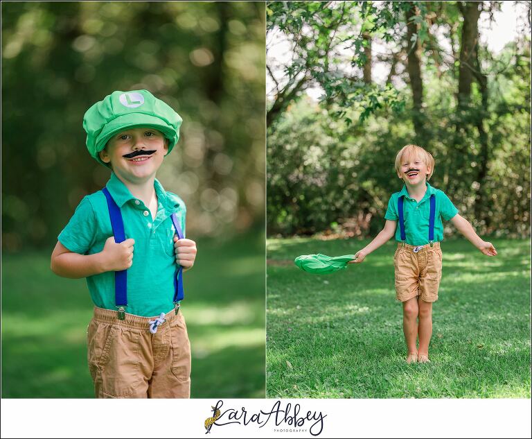 Half Birthday Backyard Fun Summer Portraits in Irwin PA Little Boy Dressed Up Like Luigi Super Mario Brothers Costume