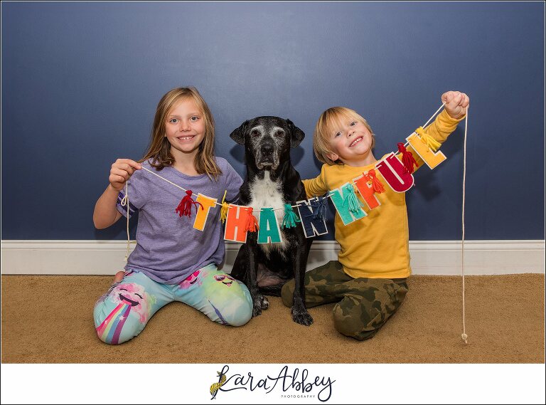 Abbys Saturday Kids and Black Lab with Thankful Banner in Irwin PA