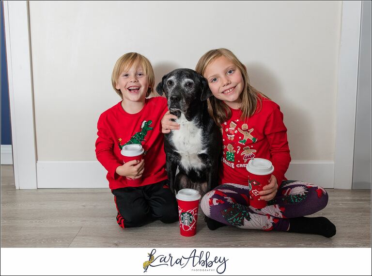 Abbys Saturday Black Lab and Kids with Red Cups from Starbucks in Irwin PA