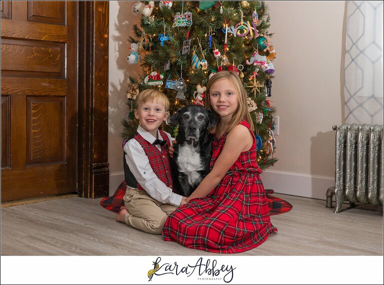 Abbys Saturday Kids and Black Lab in Christma Clothes in front of the Christmas Tree in Irwin PA