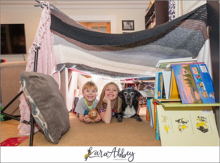 Abbys Saturday Kids and Black Lab in Blanket Fort in Living Room in Irwin PA